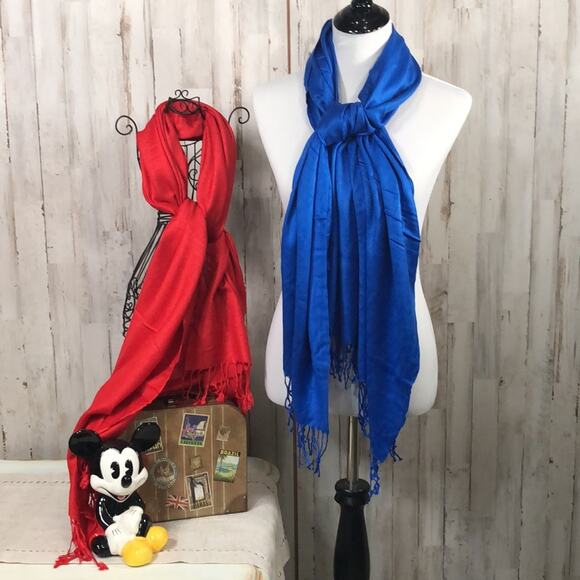 NWOT 100% Pashmina Scarves Red and Blue Set Of  2 - Picture 1 of 7